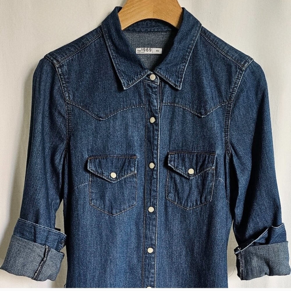 GAP 1969 Long Sleeve Medium Blue Denim Western Button Shirt Dress - Picture 6 of 16